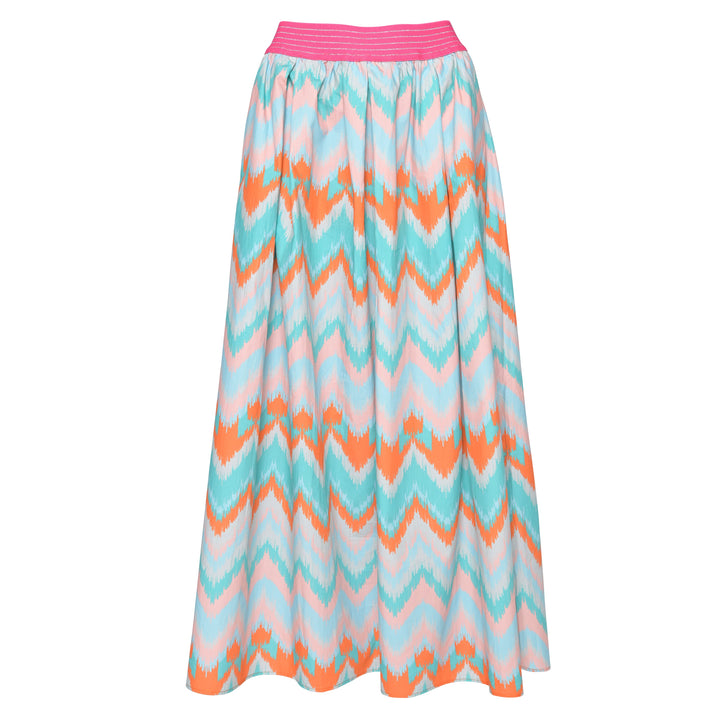 Baumwollrock lang hellblau zigzag print orange