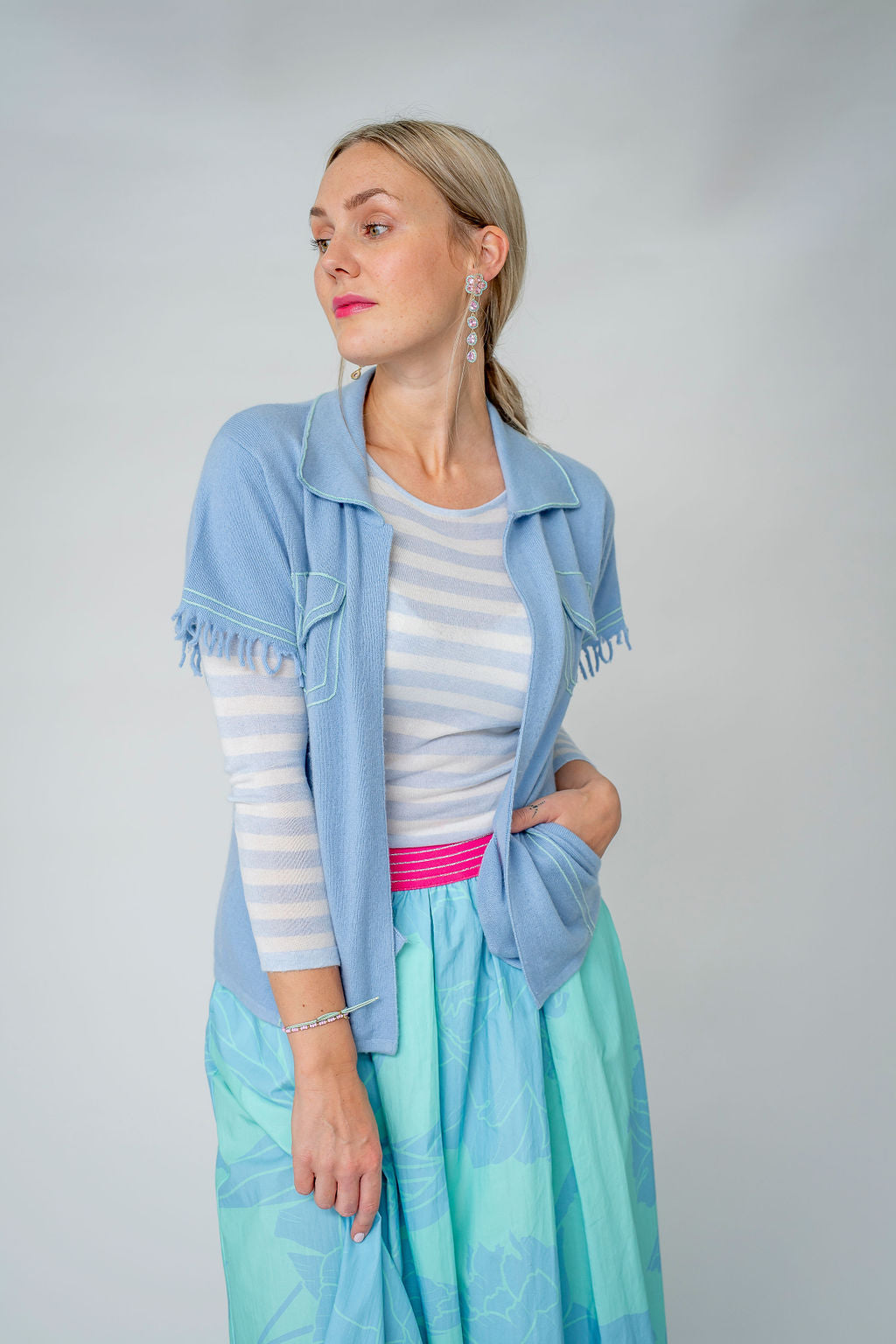 Tshirt Cardigan blau mit taschen stitching türkis