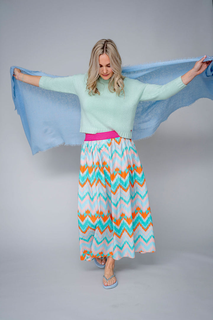 Baumwollrock lang hellblau zigzag print orange