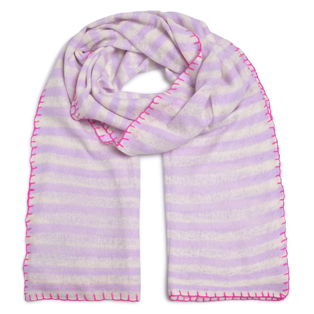 Cashmere Schal Stripe-cs in Lavender Mist mit pinker Stitching Kante