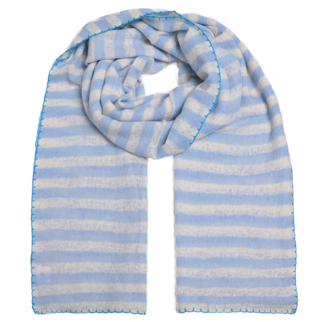 Cashmere Schal Stripe-cs in Milky Sky mit blauer Stitching Kante