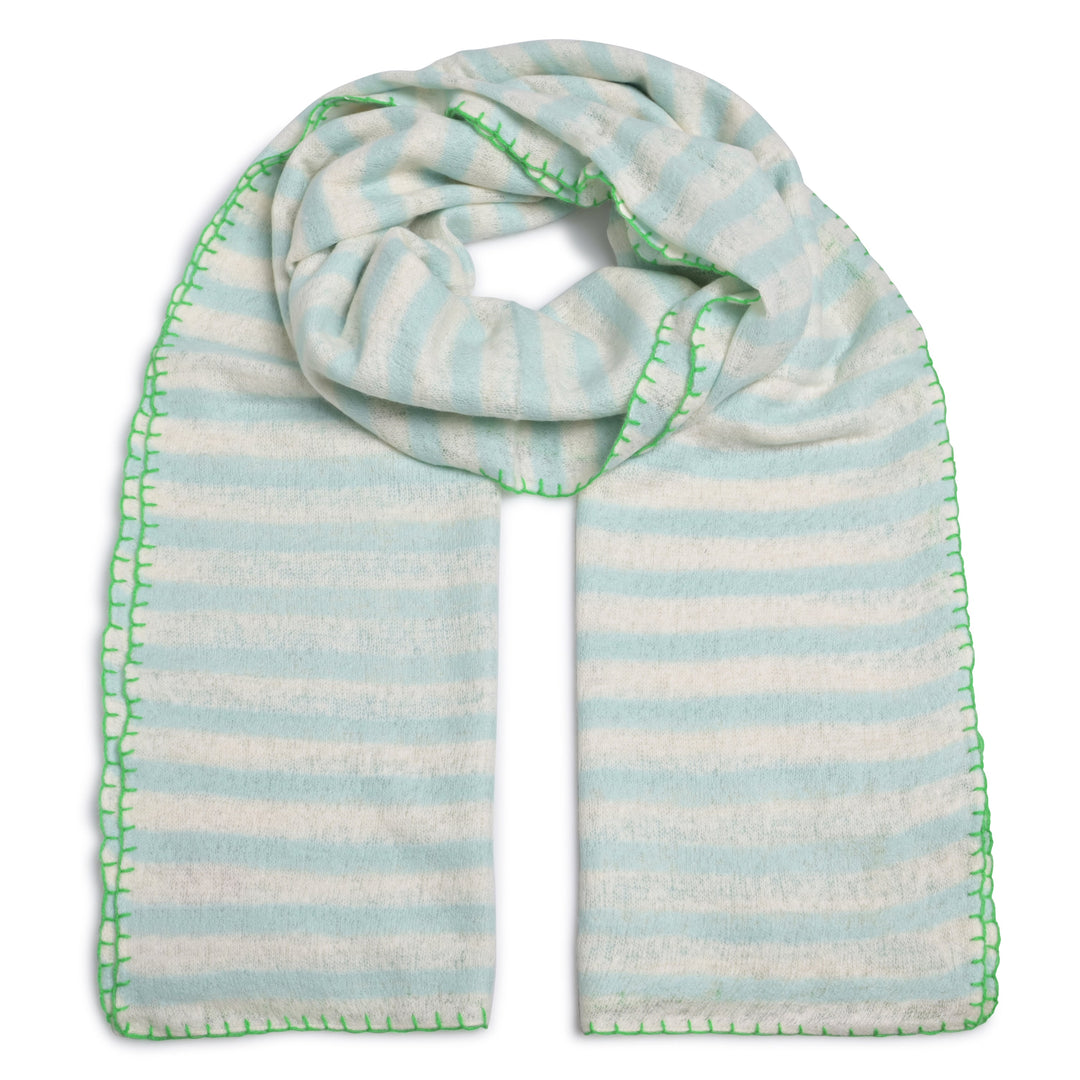 Cashmere Schal Stripe-cs in Mint Sorbet mit Grüner Stitching Kante