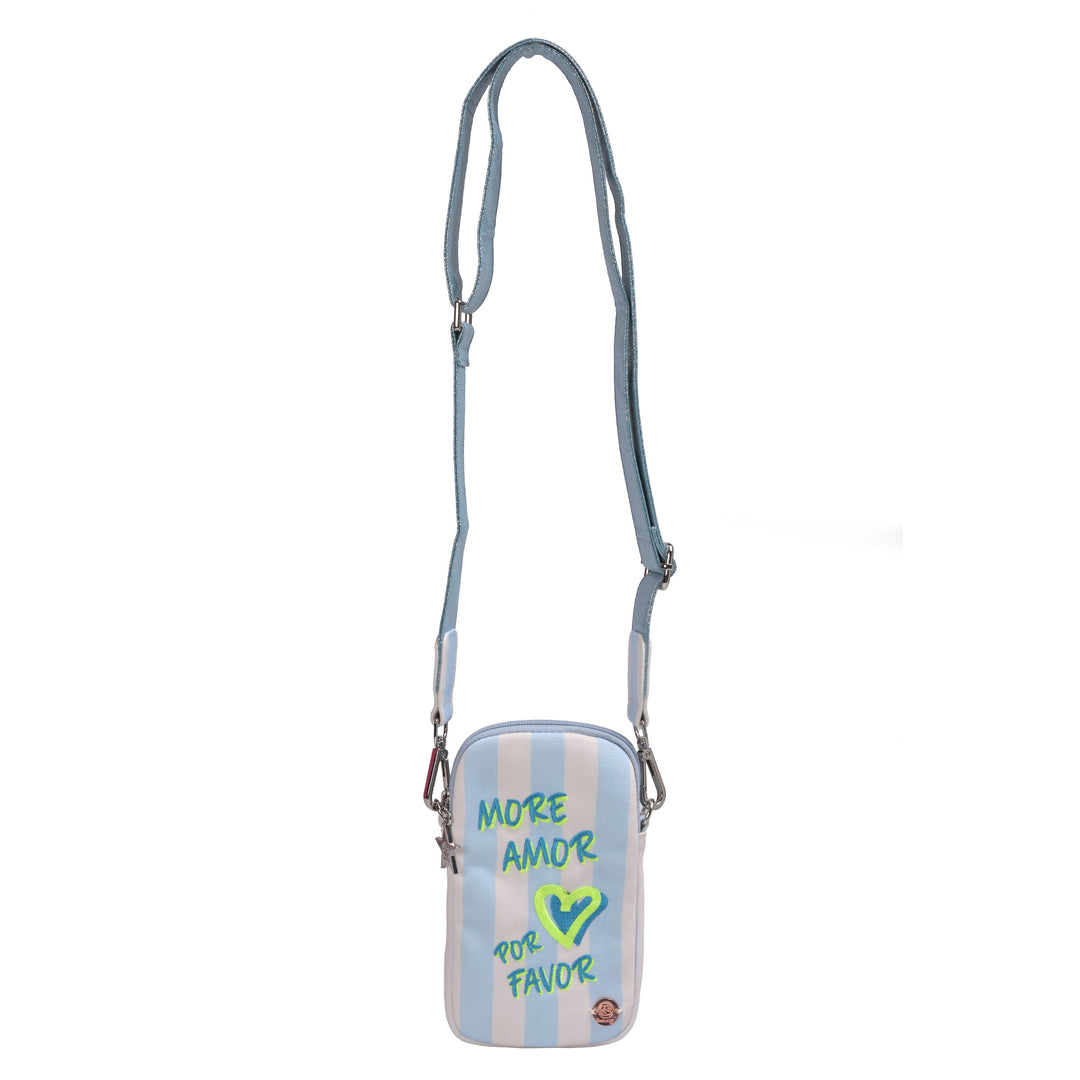 Handytasche hellblau gestreift mit more amor por favor inschrift