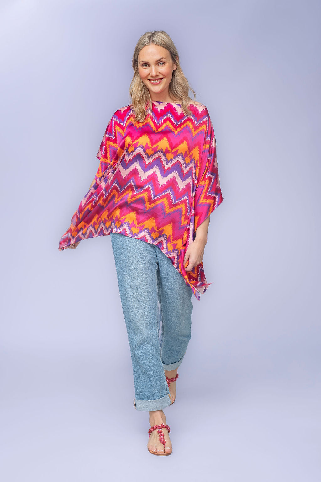 Seidenkaftan ZigZag-cs in Neonpink