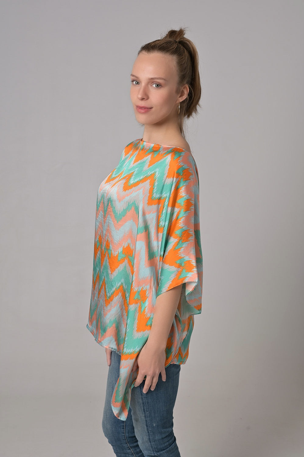 Seidenkaftan turqouise zigzag print orange