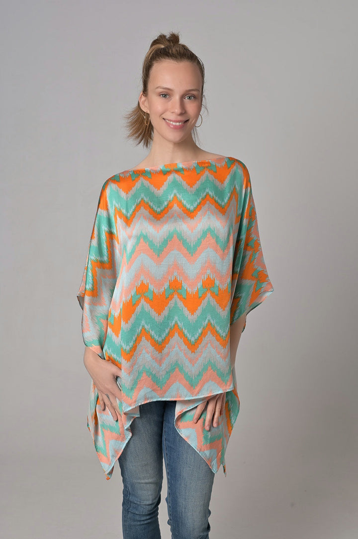 Seidenkaftan turqouise zigzag print orange