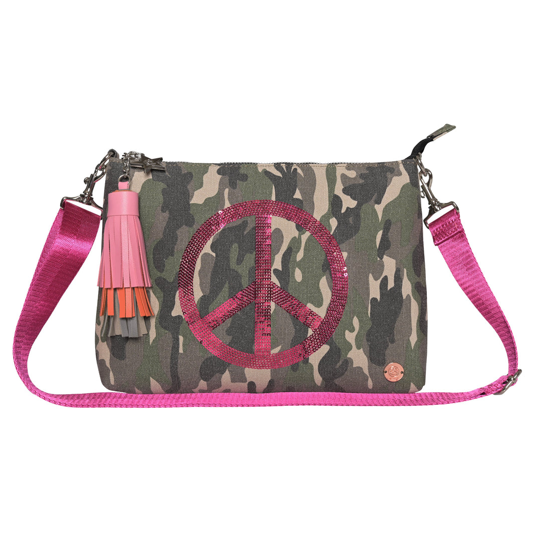 Cosmetic Bag Camouflage-cs mit Peace-Zeichen in Neonpink
