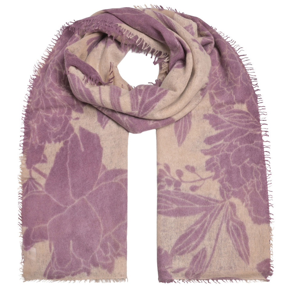 Kaschmir-Schal „Dahlia-cs“ aus 100 % Kaschmir mit kleinen Fransen in Taupe und mehrfarbigem Blumenprint von cute stuff