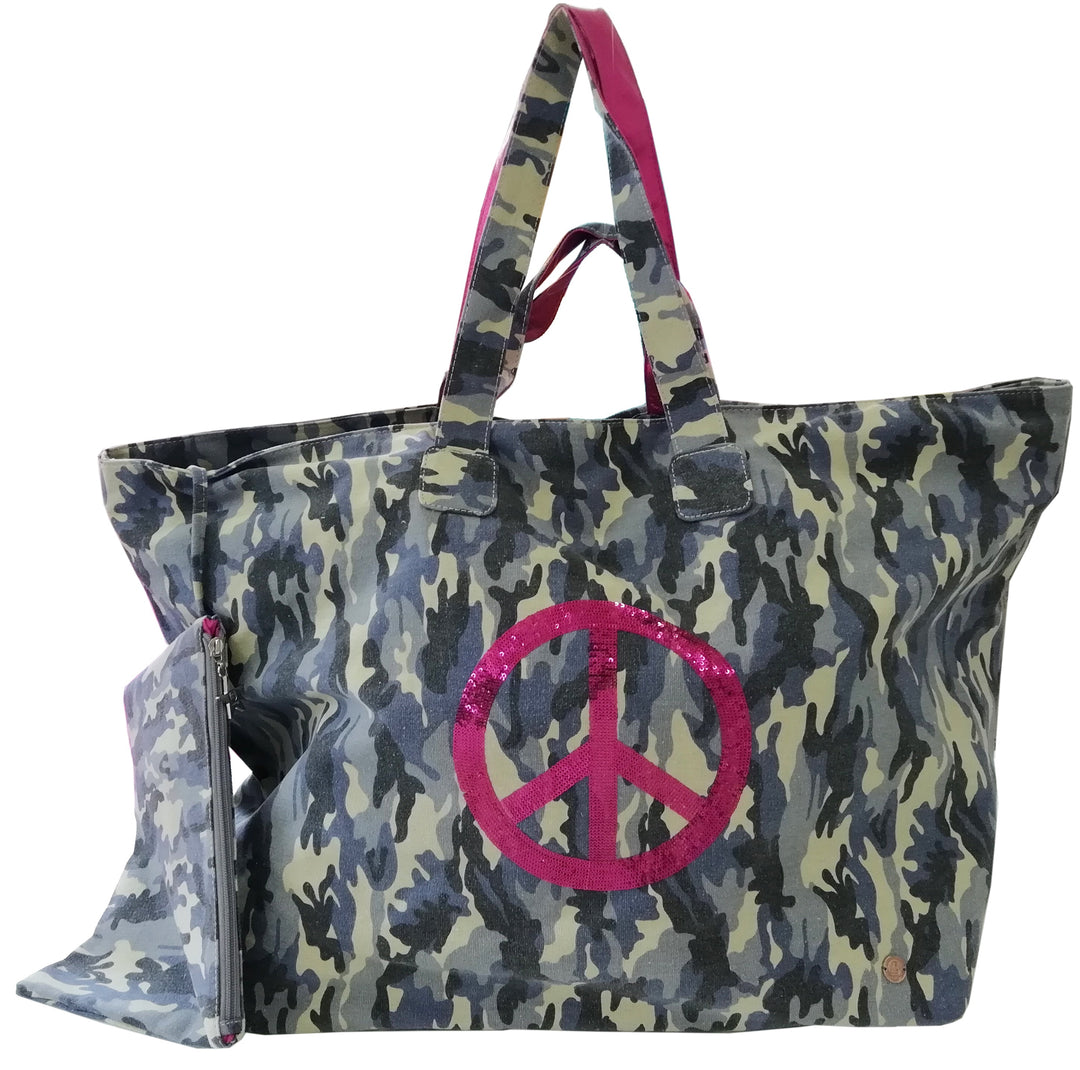 XXL Shopper Camouflage-cs in Blau mit Peace-Zeichen in Pink