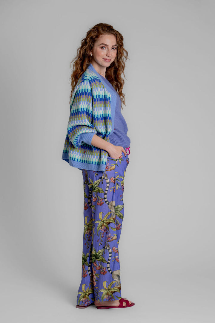 Offene und oversized geschnittene Kaschmir Strickjacke mit Zick-Zack-Muster für Damen ohne Knöpfe in Blau, Seitenansicht 