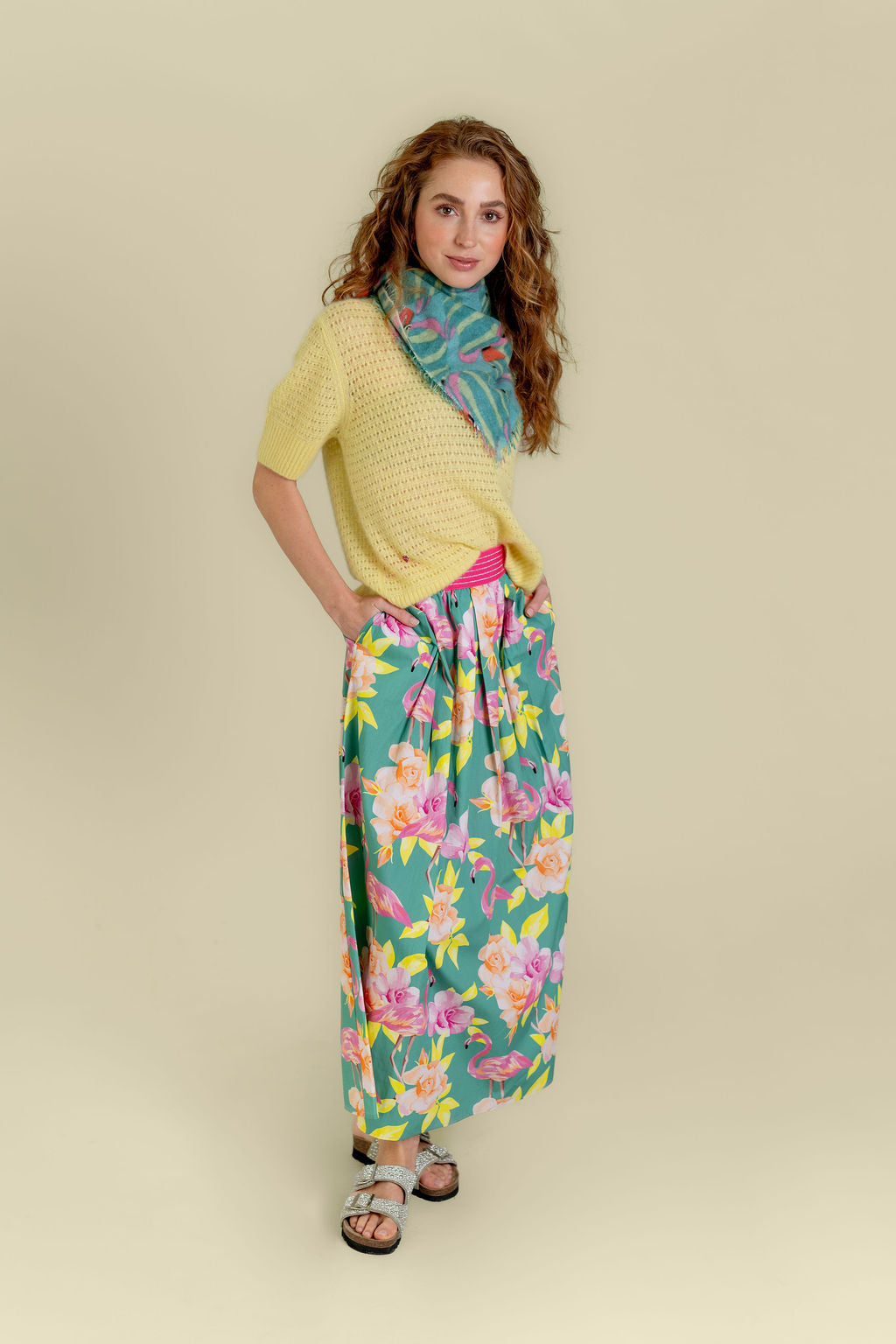 Langer Sommerrock aus Baumwolle mit Animal-Print Flamingos, elastischem Hüftbund, seitlichen Einschubtaschen, auch in großen Größen, Farbe : Peppermint