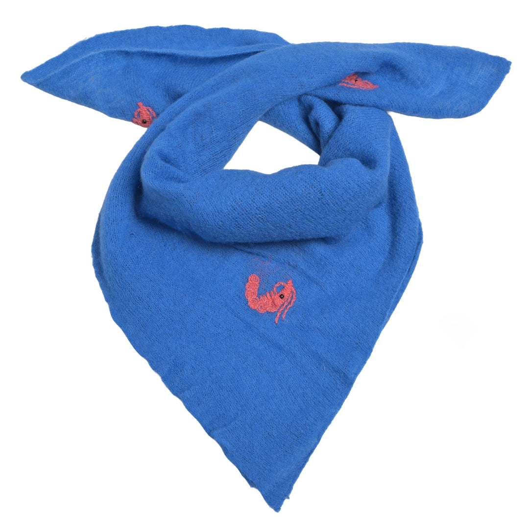Kaschmir-Bandana in Blau mit aufgestickten Scampis, quadratisches Tuch aus 100 % Kaschmir