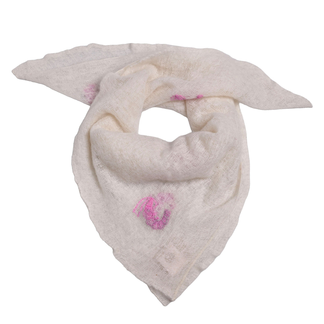 Kaschmir-Bandana in Champagner mit aufgestickten Scampis, quadratisches Tuch aus 100 % Kaschmir