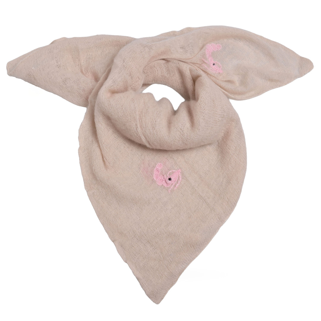 Kaschmir-Bandana in der Farbe Foundation mit aufgestickten Scampis, quadratisches Tuch aus 100 % Kaschmir