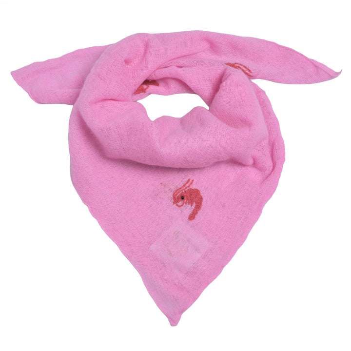 Kaschmir-Bandana für Damen in Pink  mit aufgestickten Scampis, quadratisches Tuch aus 100 % Kaschmir