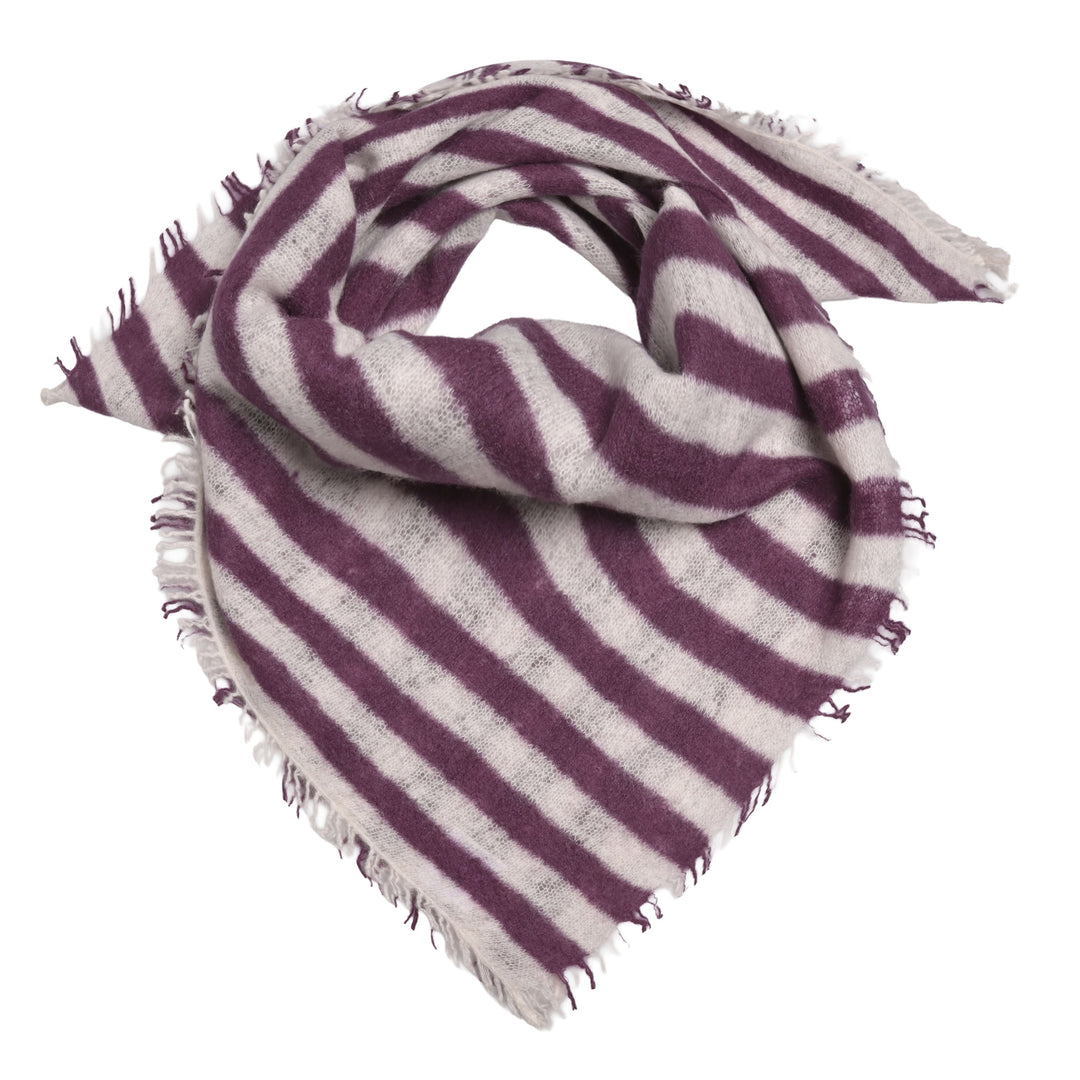 Kaschmir-Bandana mit Streifen in Creme und Aubergine, quadratisch