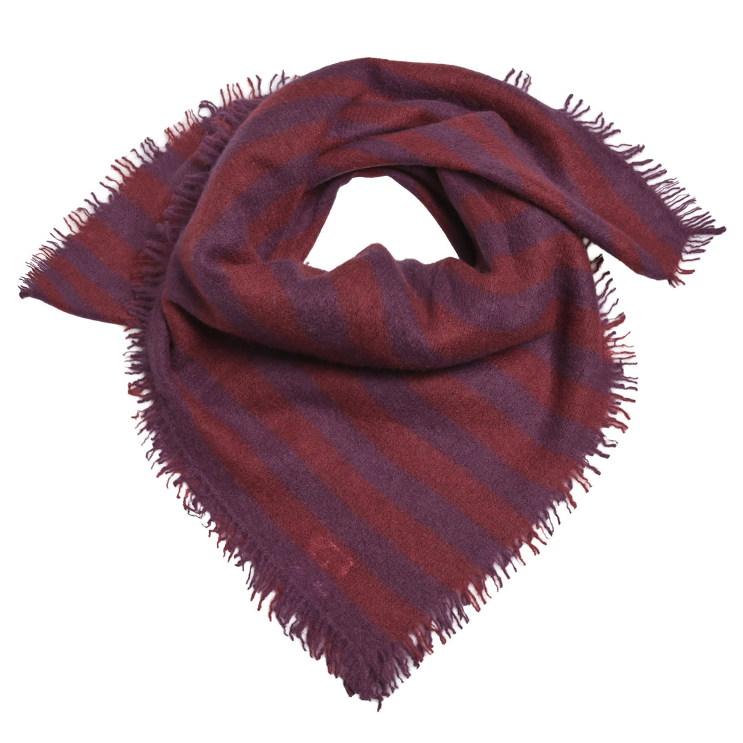 Quadratisches Kaschmir-Bandana mit Streifen in Merlot und Aubergine auf weißem Hintergrund