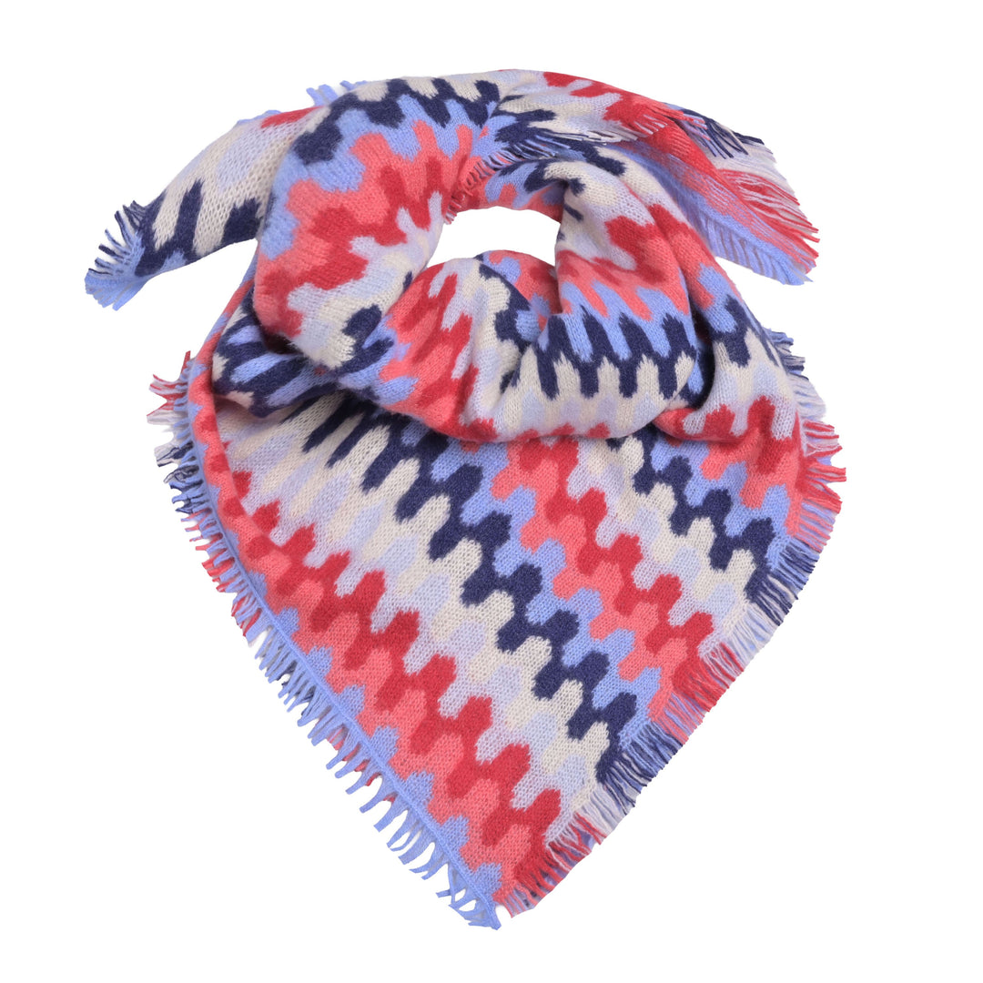 Buntes Halstuch für Damen aus 100% reinem Kaschmir gestrickt mit Zick-Zack-Muster und Fransen, 65 x 65 cm, Farbe: Koralle