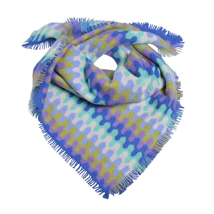 Buntes Halstuch für Damen aus 100% reinem Kaschmir gestrickt mit Zick-Zack-Muster und Fransen, 65 x 65 cm, Farbe: Königsblau