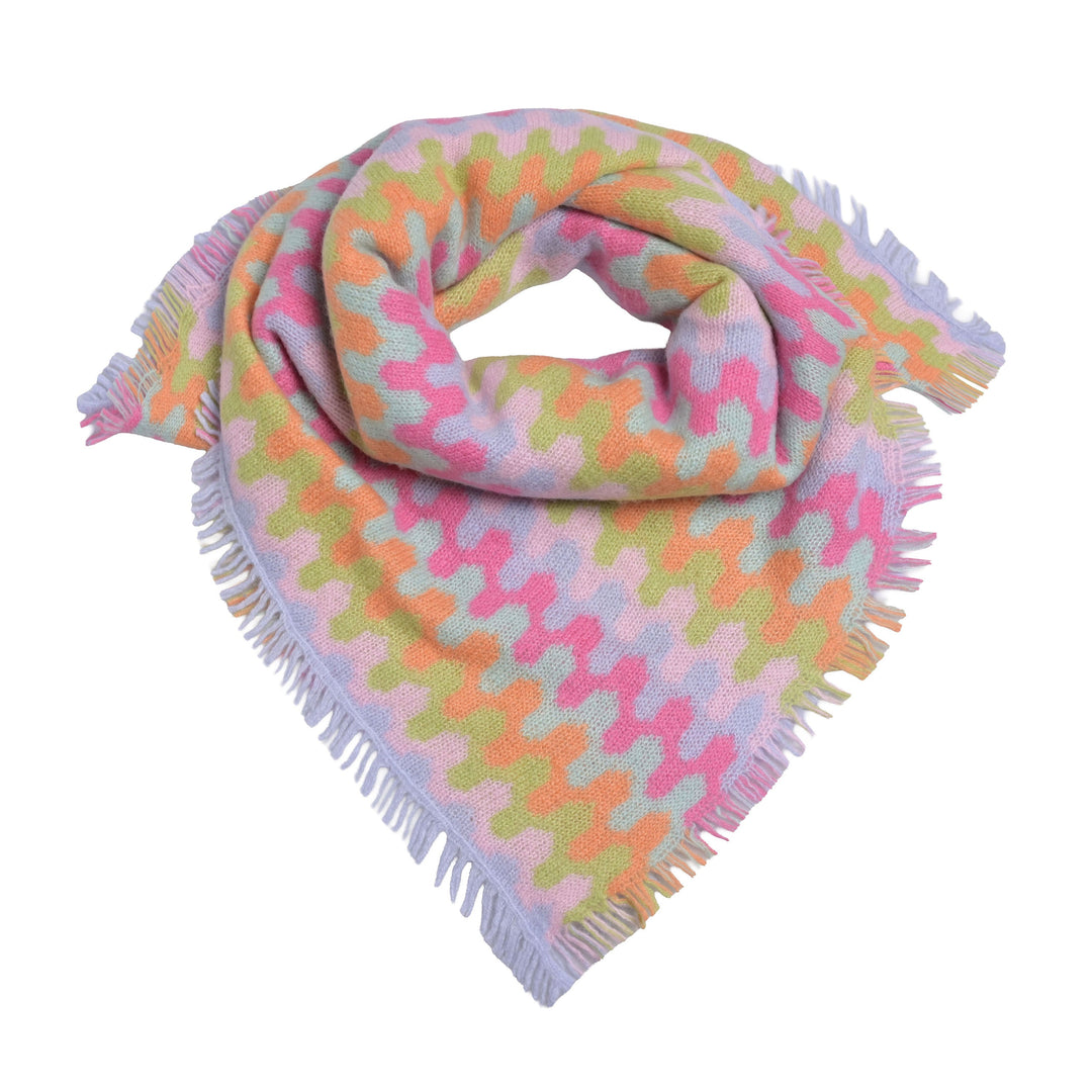Buntes Halstuch für Damen aus 100% reinem Kaschmir gestrickt mit Zick-Zack-Muster und Fransen, 65 x 65 cm, Farbe: Pink