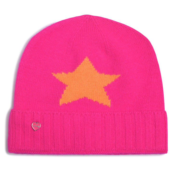 Kaschmirmütze mit Stern aus reinem Cashmere in Neonpink