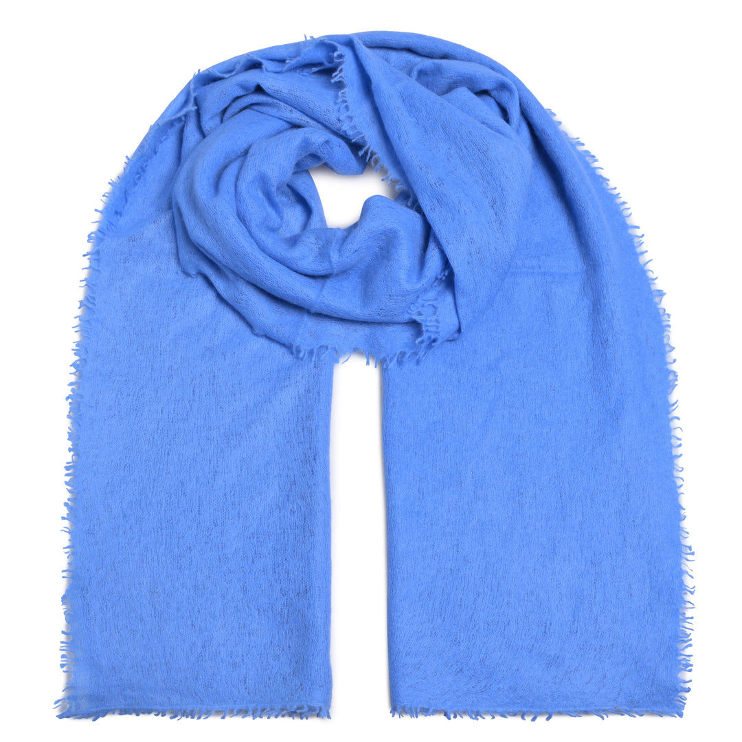 Anschmiegsamer Kaschmirschal für Damen und Herren in Azurro, einem Blauton mit dezenen Fransen, 205 x 80 cm großes Tuch, Produktbild