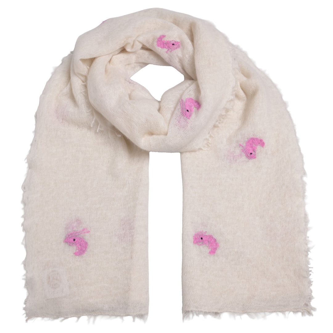 Kaschmir-Schal in Champagner mit aufgestickten Scampis, Langer Schal für Damen aus 100 % Kaschmir