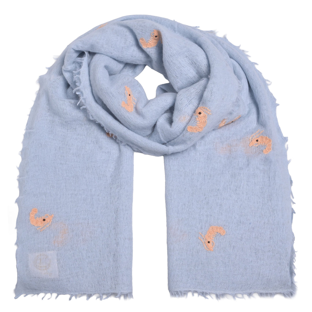 Kaschmirschal für Damen mit aufgestickten Scampis in der Farbe Hellblau aus 100% reinem Kaschmir, Produktbild