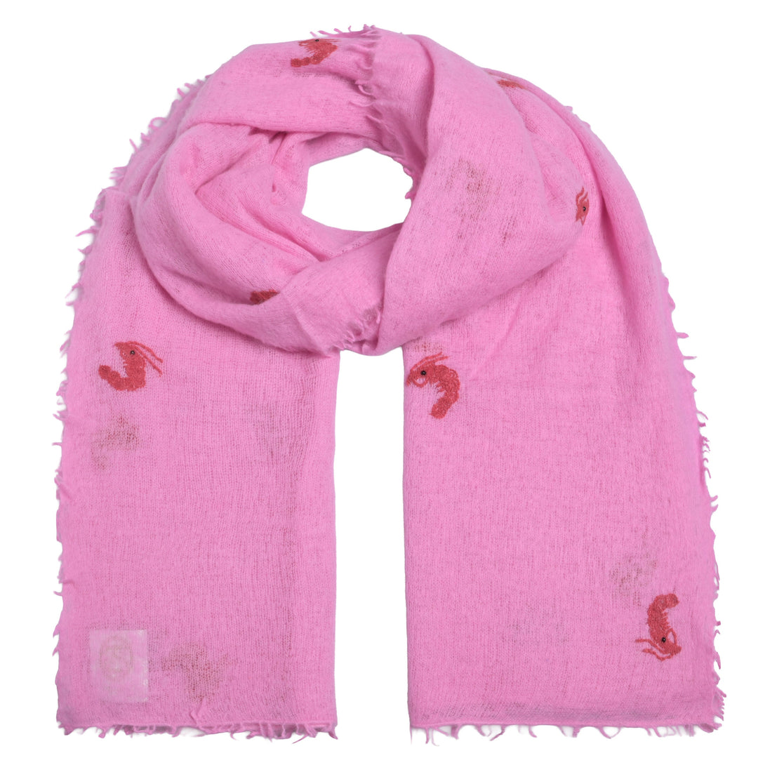 Edler und weicher Kaschmirschal für Damen in Pink mit aufgestickten Scampis, Handgefertigt in Nepal, Produktbild
