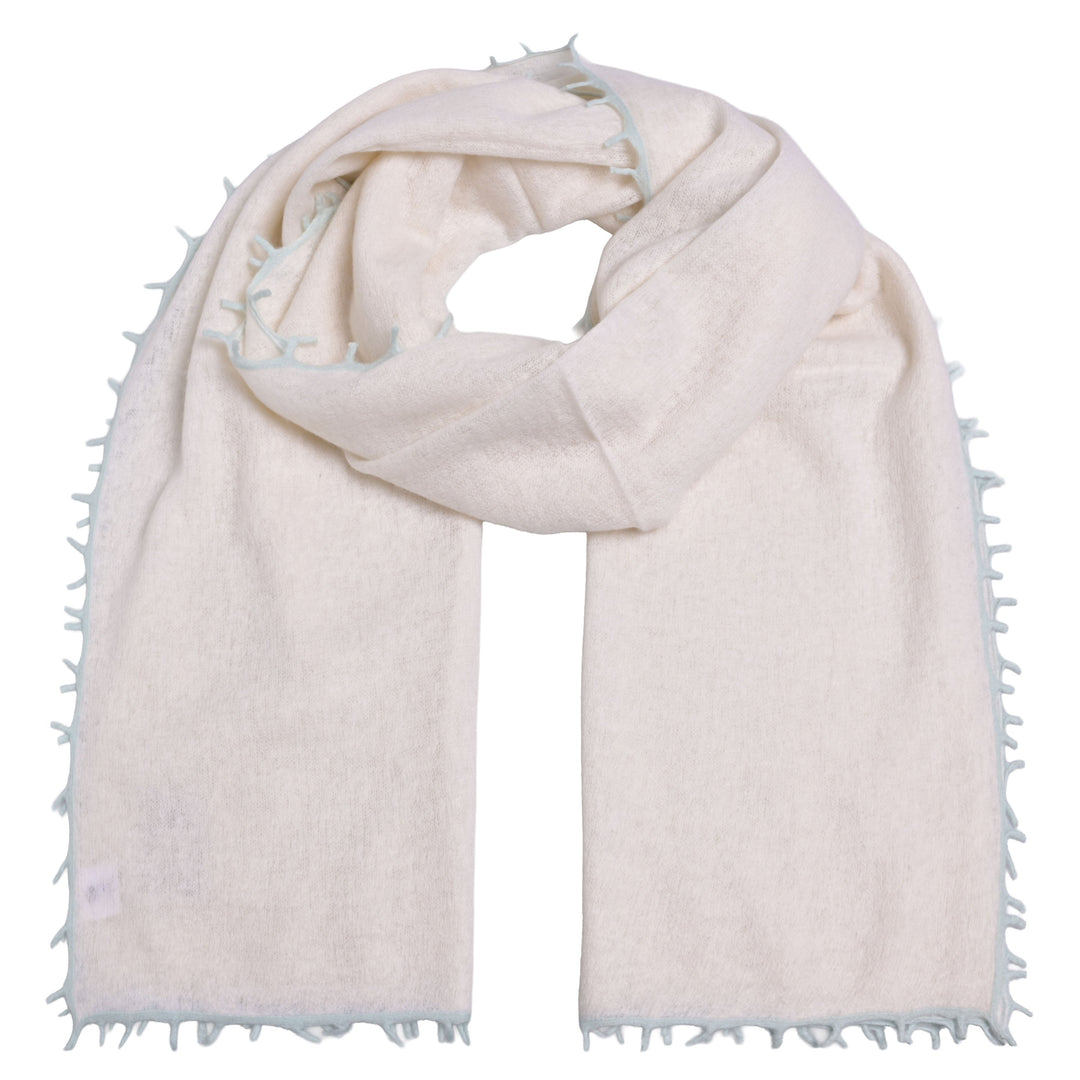 Champagnerfarbener Light Kaschmirschal aus 100 % Cashmere mit Kontrastfransen und Randstreifen, Größe 85 × 210 cm, Produktbild