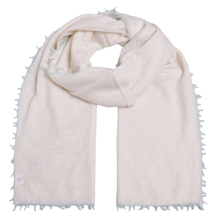 Champagnerfarbener Light Kaschmirschal aus 100 % Cashmere mit Kontrastfransen und Randstreifen, Größe 85 × 210 cm, Produktbild