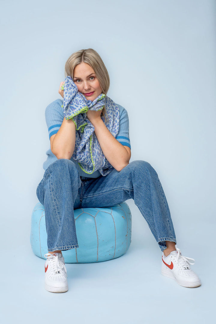 Cashmere Schal Feli-cs Leo mit Stitching in Azurro