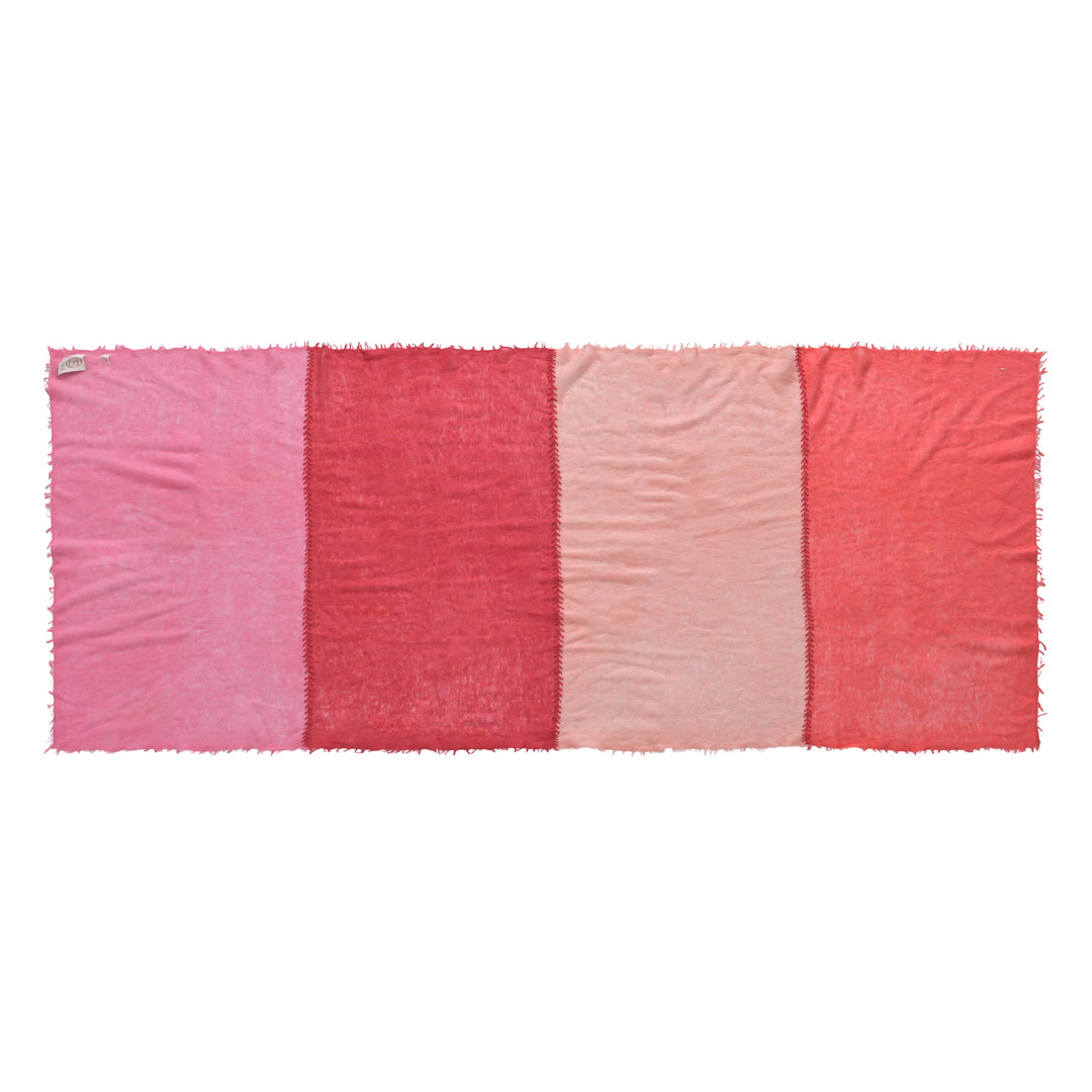 Luxuriöser Light Cashmere Schal für Damen mit Blockstreifen in Koralle und Pink, 4-farbig, mit Kreuz-Stickerei , gelegt