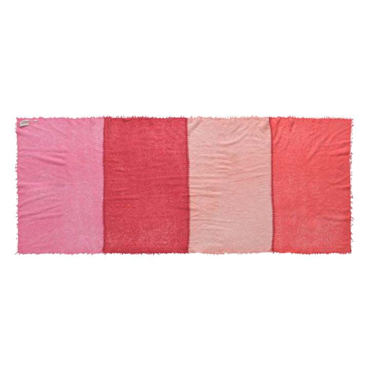 Luxuriöser Light Cashmere Schal für Damen mit Blockstreifen in Koralle und Pink, 4-farbig, mit Kreuz-Stickerei , gelegt
