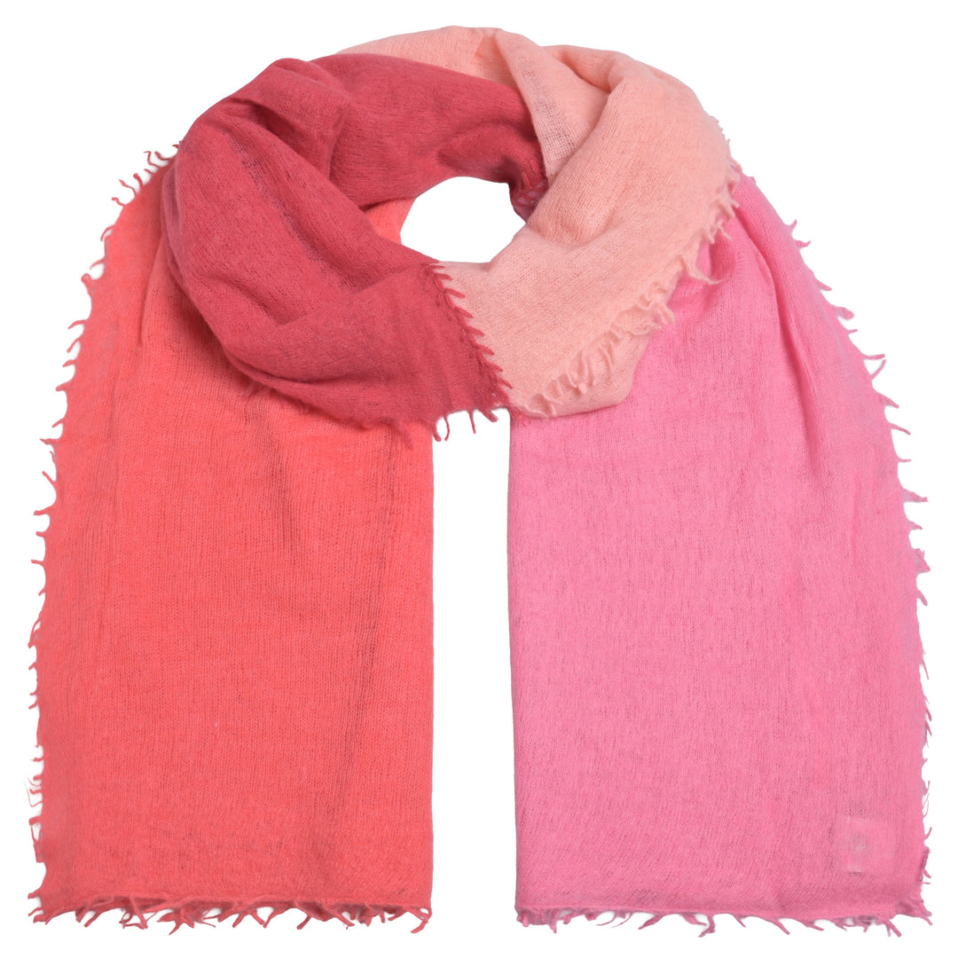 Luxuriöser Light Cashmere Schal für Damen mit Blockstreifen in Koralle und Pink, 4-farbig, mit Kreuz-Stickerei 