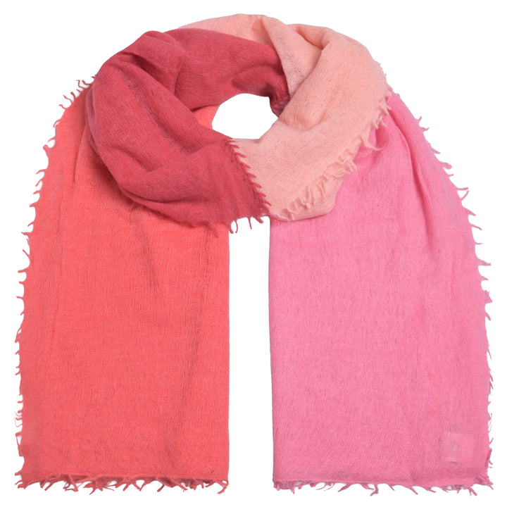 Luxuriöser Light Cashmere Schal für Damen mit Blockstreifen in Koralle und Pink, 4-farbig, mit Kreuz-Stickerei 