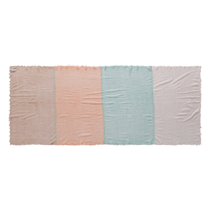 Luxuriöser Light Cashmere Schal für Damen mit Blockstreifen in Beige, Lachs, Mint und Weiß, 4-farbig, mit Kreuz-Stickerei Veredelung, gelegt