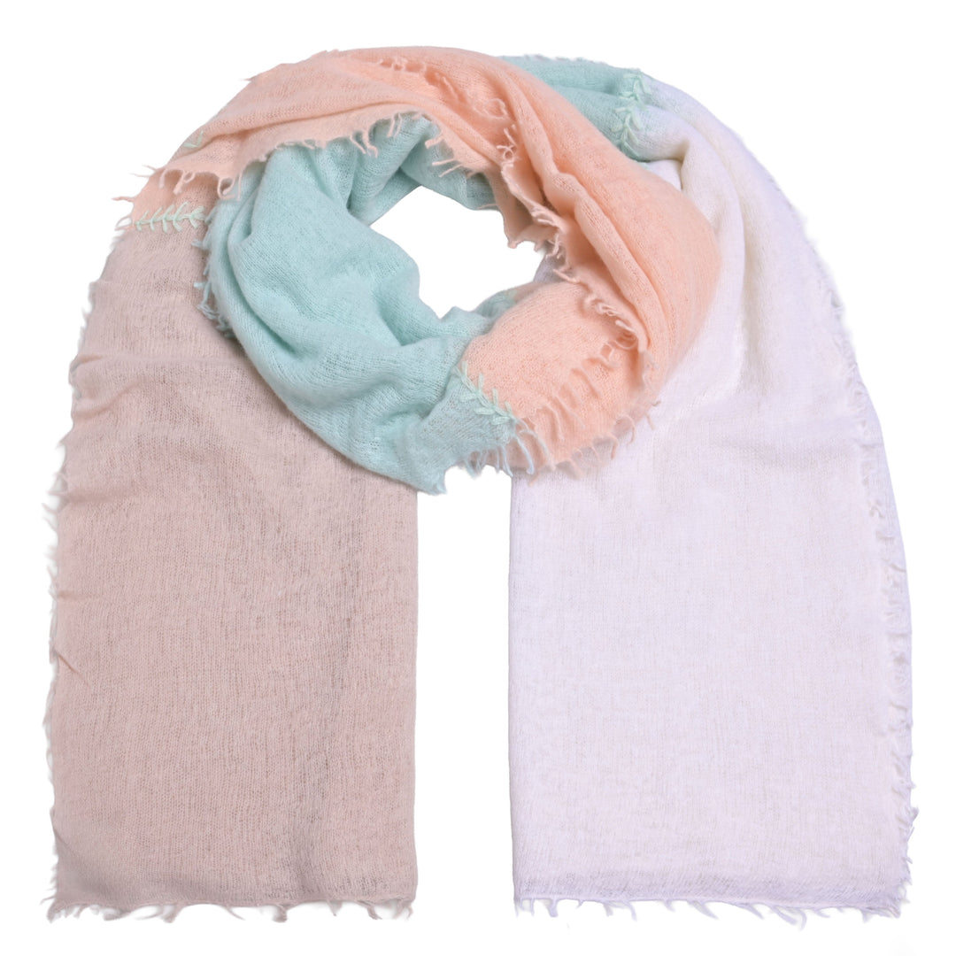 Luxuriöser Light Cashmere Schal für Damen mit Blockstreifen in Beige, Lachs, Mint und Weiß, 4-farbig, mit Kreuz-Stickerei Veredelung
