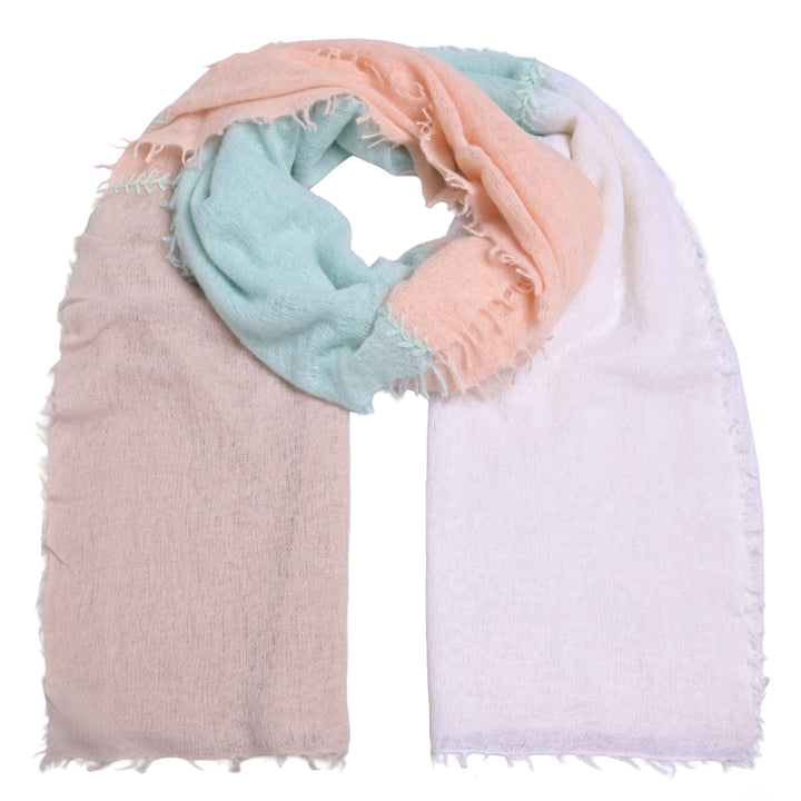 Luxuriöser Light Cashmere Schal für Damen mit Blockstreifen in Beige, Lachs, Mint und Weiß, 4-farbig, mit Kreuz-Stickerei Veredelung