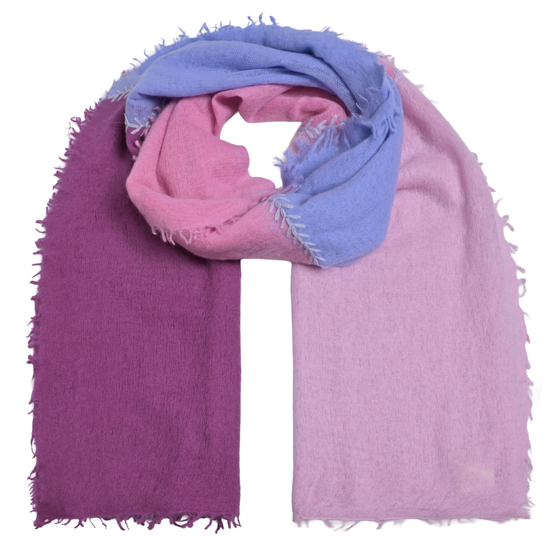 Luxuriöser Light Cashmere Schal für Damen mit Blockstreifen in Pink, Flieder, Rosa und Orchid, 4-farbig, mit Kreuz-Stickerei Veredelung