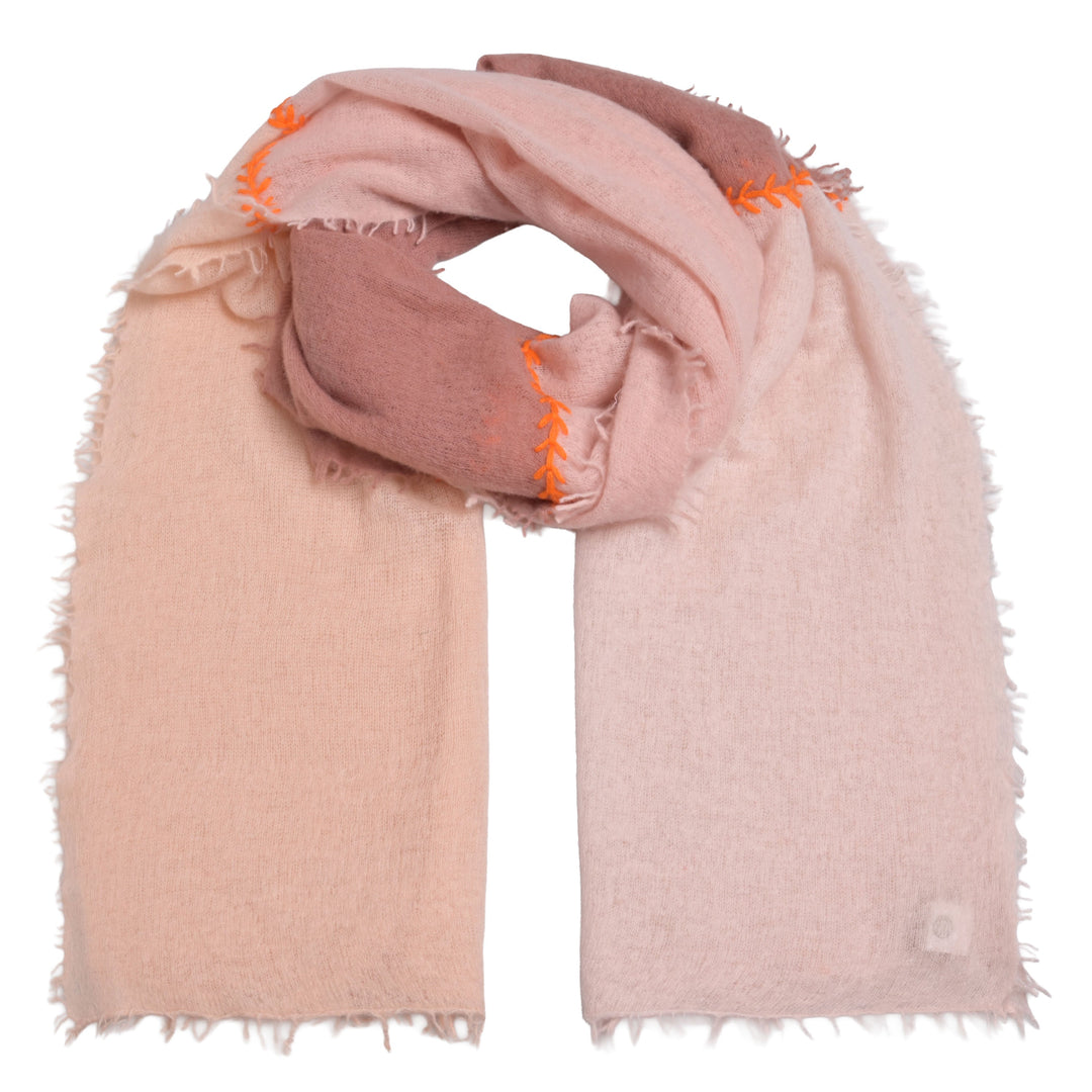 Kaschmirschal mit Blockstreifen in Naturfarben und Kreuzstich-Stickerei in Magnolia aus 100 % Cashmere