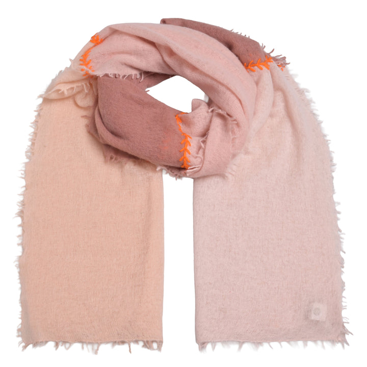 Kaschmirschal mit Blockstreifen in Naturfarben und Kreuzstich-Stickerei in Magnolia aus 100 % Cashmere