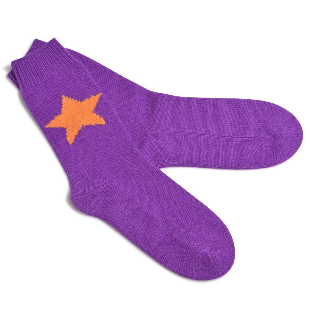 reine Kaschmirsocken für Damen in LIla mit Stern