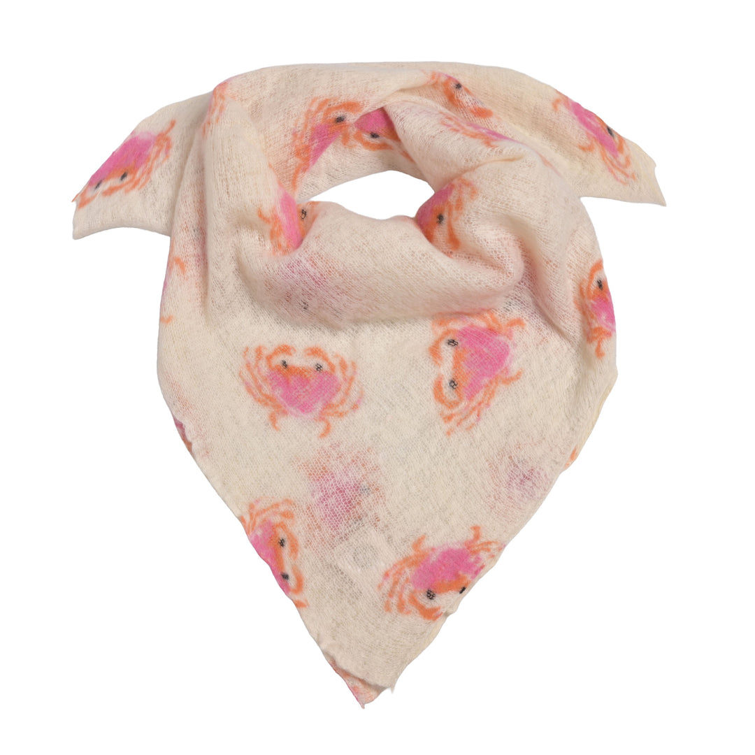 Anschmiegsames Kaschmirbandana in der Farbe Champagner und mit Krebsen bedruckt, quadratisches Tuch, 65 x 65 cm, handmade in Nepal, Produktbild auf weißem Hintergrnd