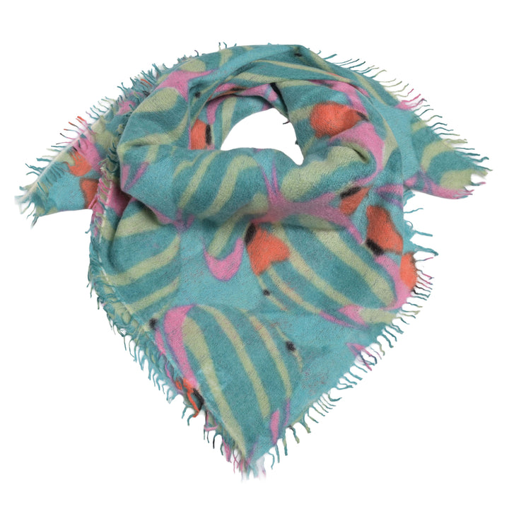 Türkises Kaschmir Bandana mit bunten Fischen aus 100% Cashmere – Light Cashmere Sommerkollektion