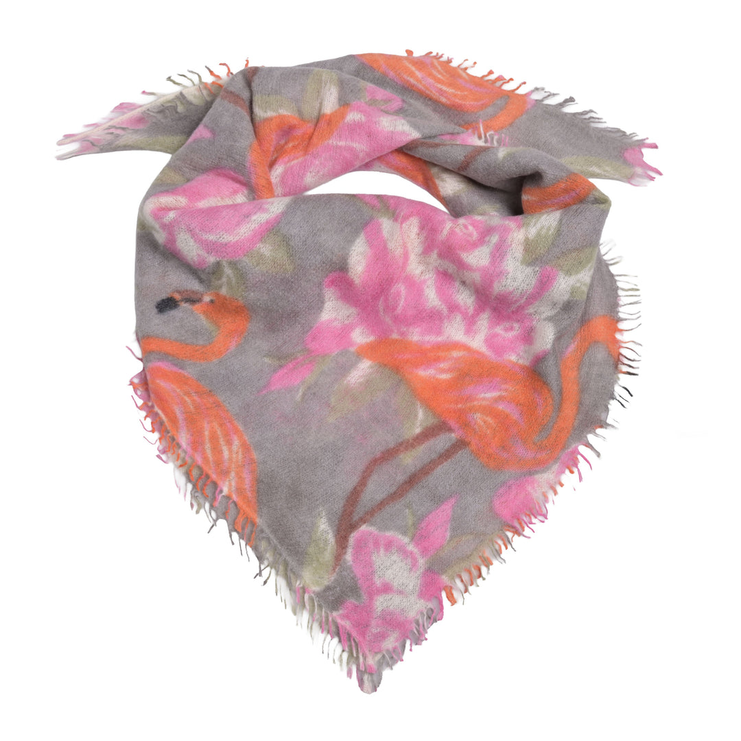 Quadratisches Tuch aus 100% reinem Kaschmir für Damen mit Flamingos bedruckt, Größe 65 x 65 cm, Farbe: Ash, Produktbild