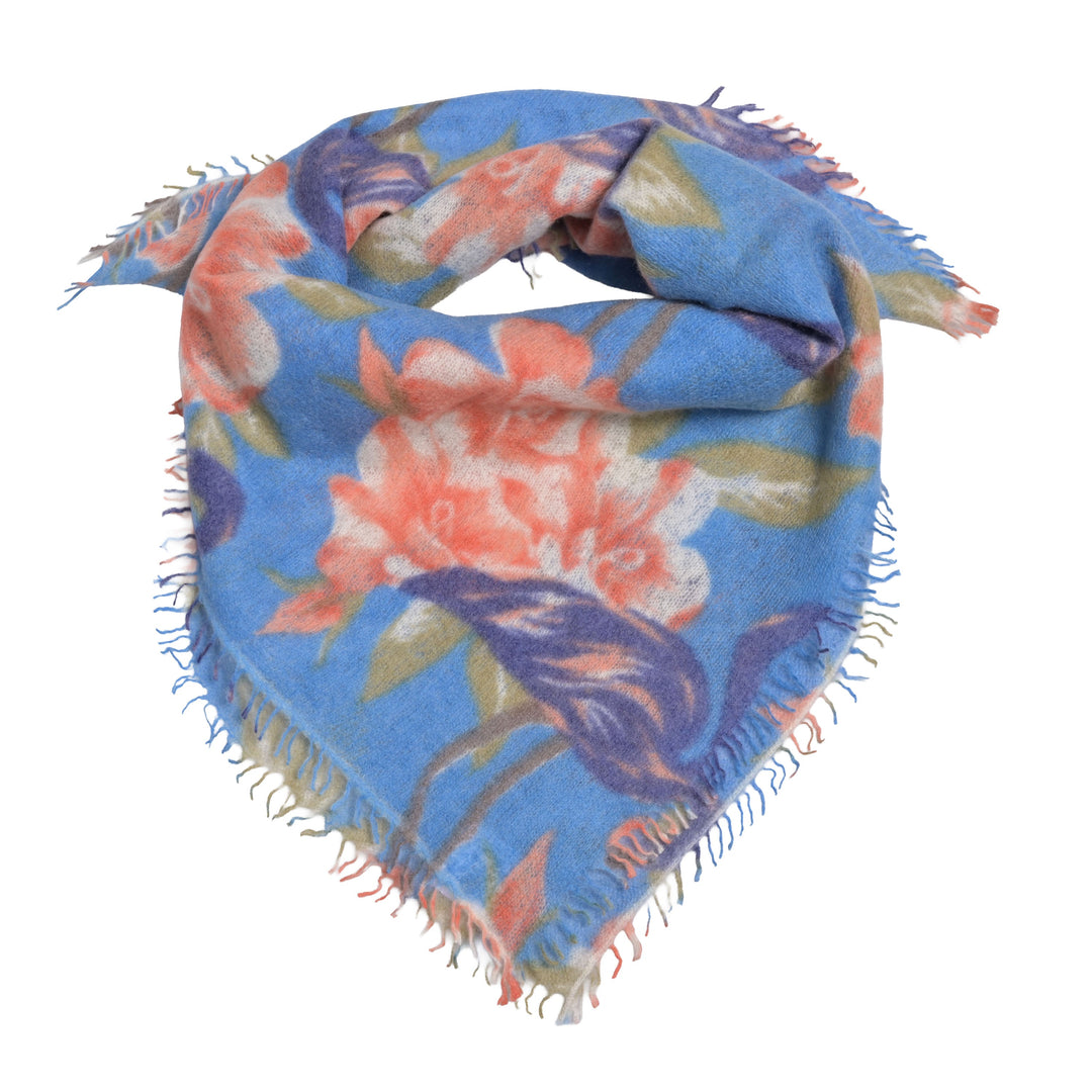 Quadratisches Tuch aus 100% reinem Kaschmir für Damen mit Flamingos bedruckt, Größe 65 x 65 cm, Farbe: Azuro (Blau), Produktbild