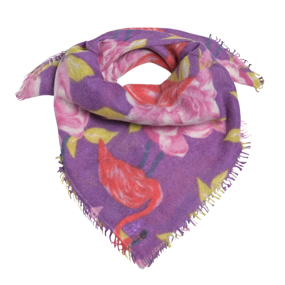 Quadratisches Tuch aus 100% reinem Kaschmir für Damen mit Flamingos bedruckt, Größe 65 x 65 cm, Farbe: Orchid, Produktbild