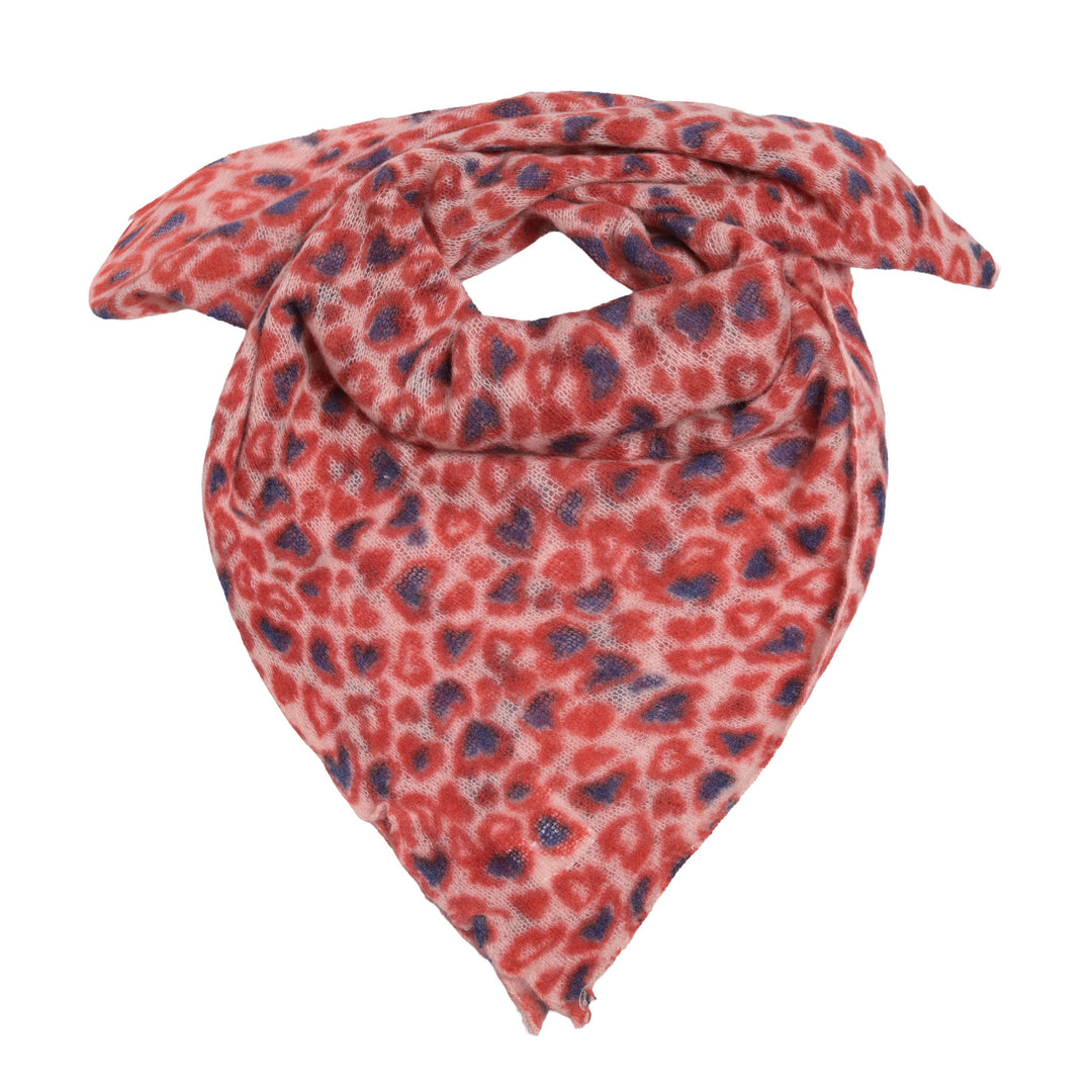 Kleines quadratisches Cashmere Tuch 65 x 65 cm für Damen aus 100 % reinem Kaschmir mit Leopraden-Muster mit Herzen in der Farbe Arabiata (Rot), Produktfoto
