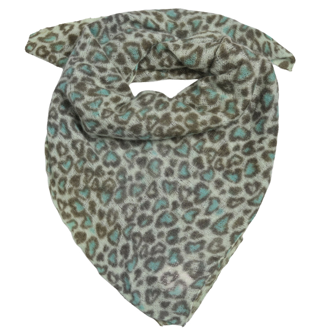 Kleines quadratisches Cashmere Tuch 65 x 65 cm für Damen aus 100 % reinem Kaschmir mit Leopraden-Muster mit Herzen in der Farbe Peppermint (Grün), Produktfoto